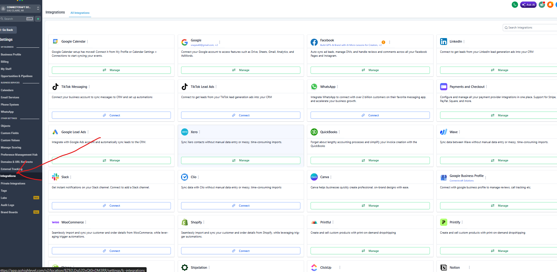 Settings → Integrations → Facebook/Instagram card