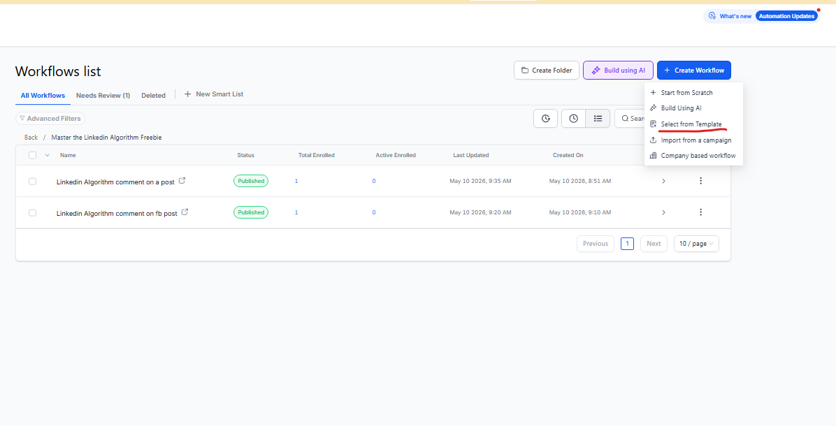 Workflow list after opening the Workflows area