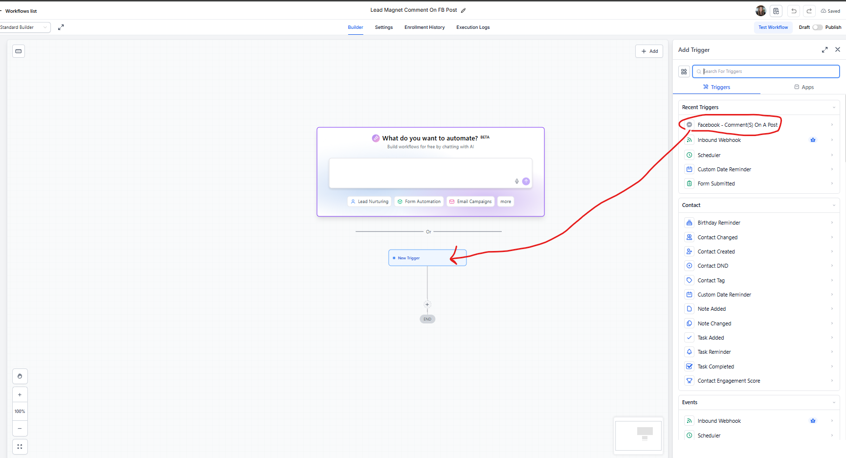 Start from scratch, click Add Trigger, and search Facebook/Instagram Events