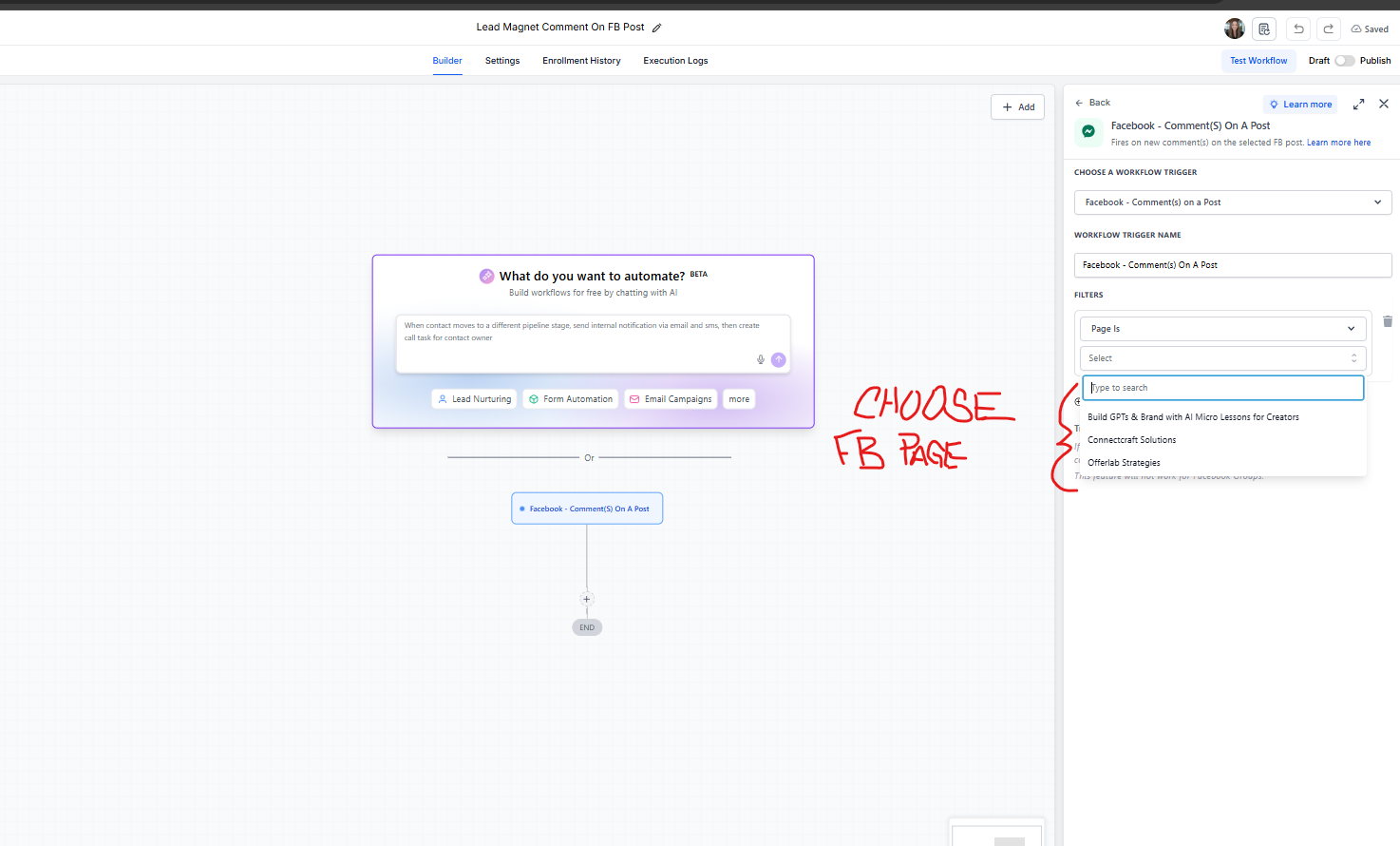 Select the correct Facebook Page in the trigger sidebar