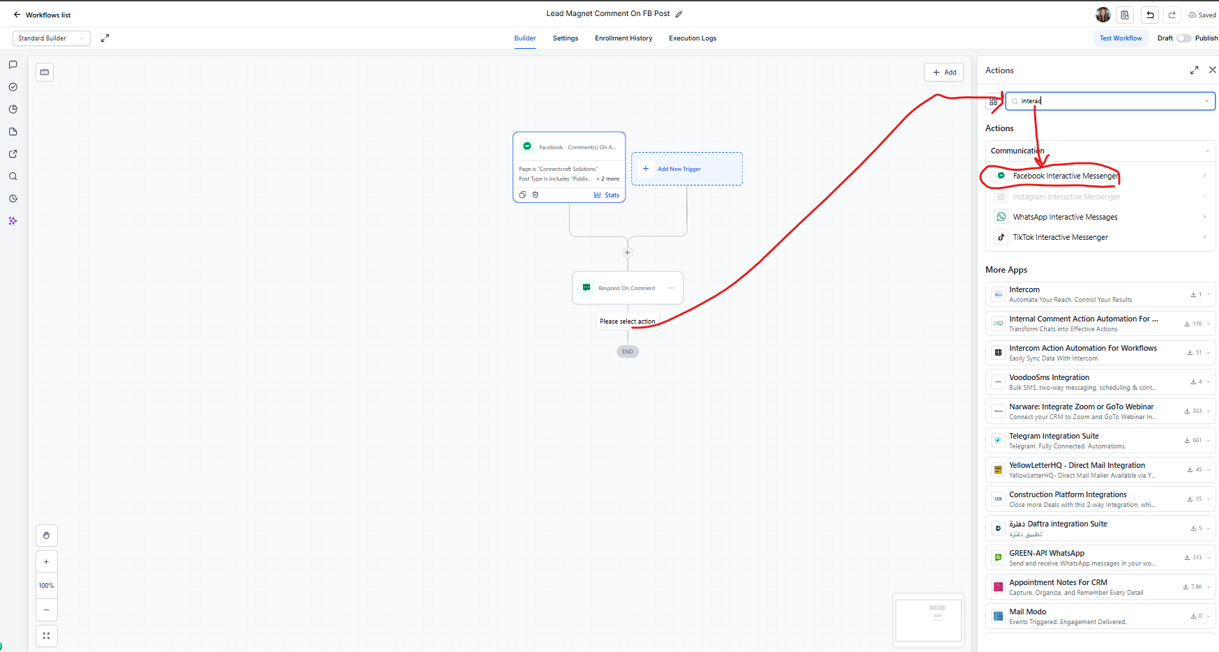 Add the Send Interactive DM action for Facebook Messenger