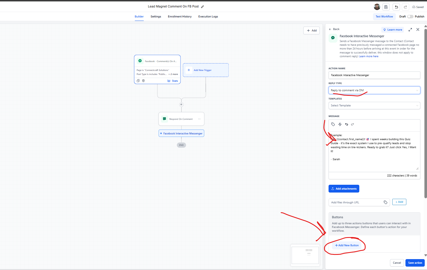 Configure the interactive Messenger DM action