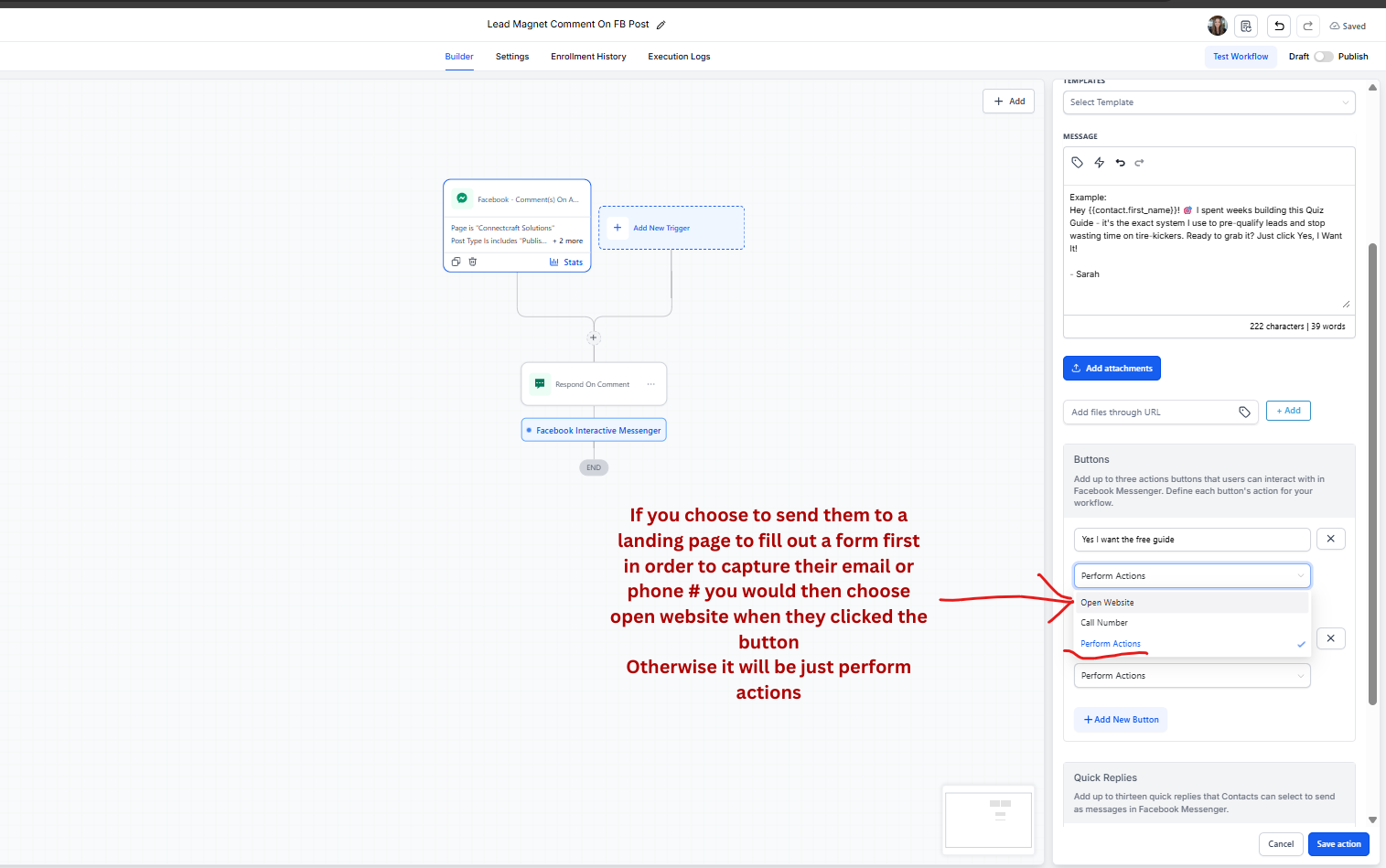 Add the button options for the first Messenger message