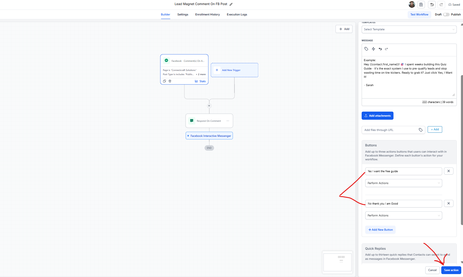 Add the second interactive Messenger step as Reply to DM