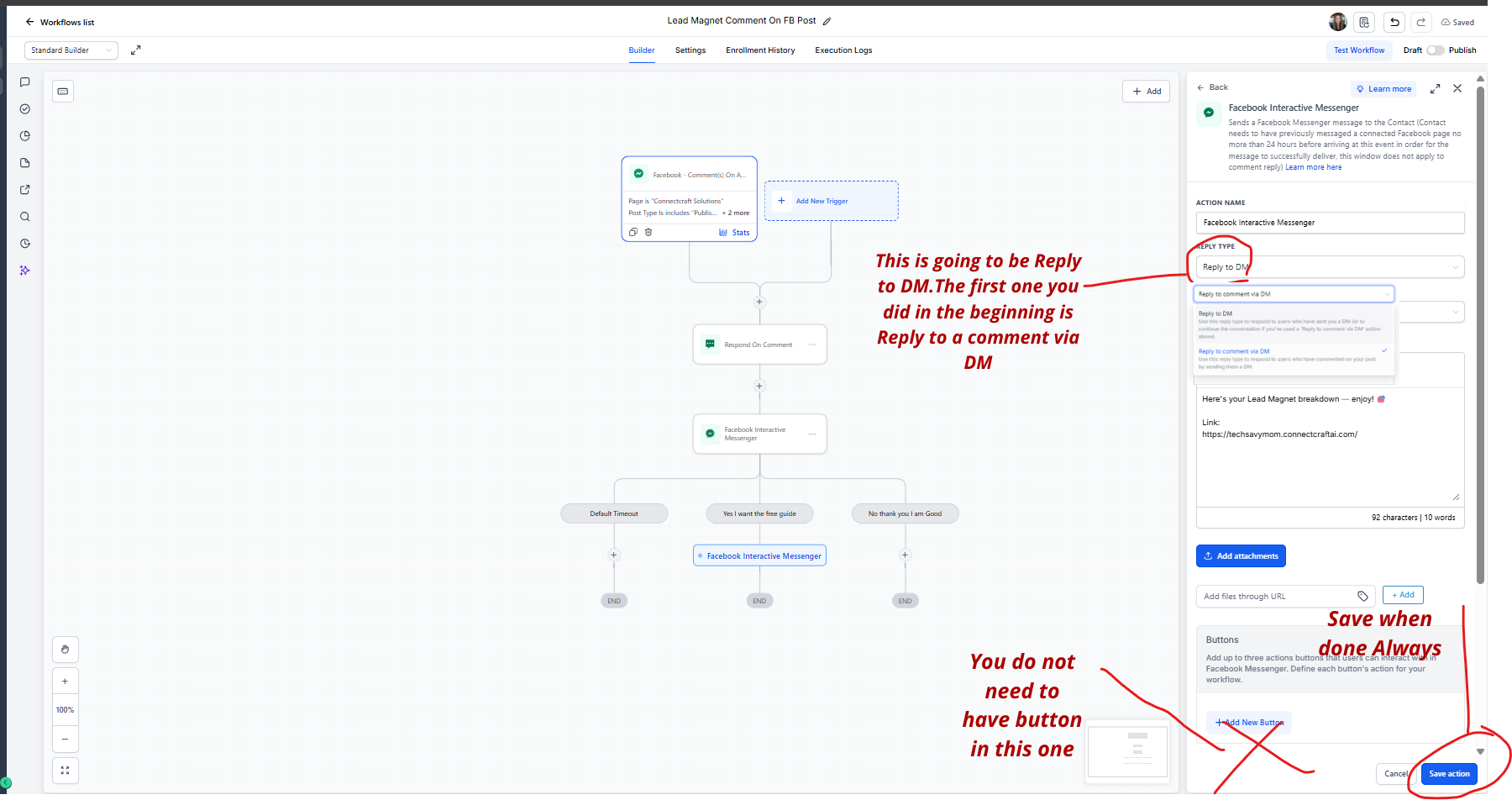 Completed workflow with comment reply and DM actions