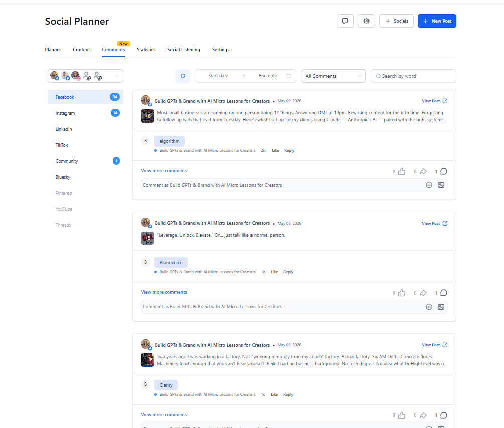 Social Planner comments organized by platform